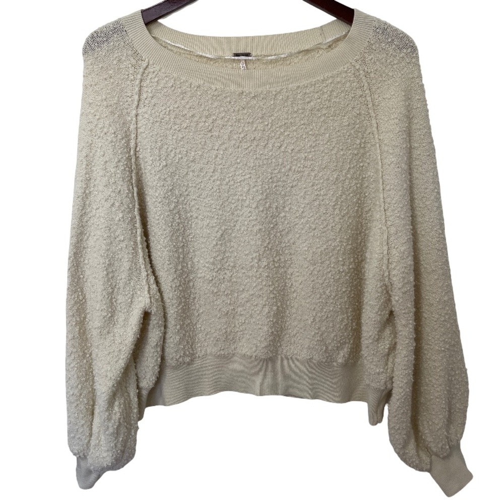 Free People Women’s XS Creme Textured Crew Pullover Balloon Sleeve Sweater EUC